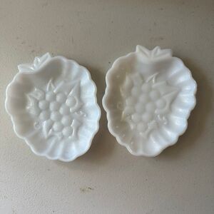 2 Vintage Hazel Atlas Embossed Textured Pressed Milk Glass Grape Dish Plate Set